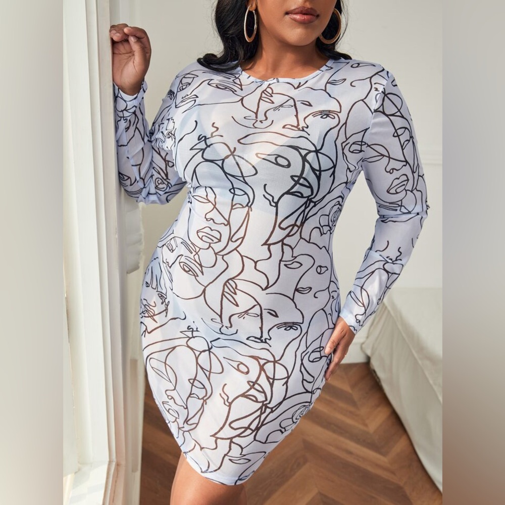 Allover Abstract‎ Figure Graphic Mesh Bodycon Dress medium